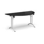 Semi-circular table with black top and white frame on a white background