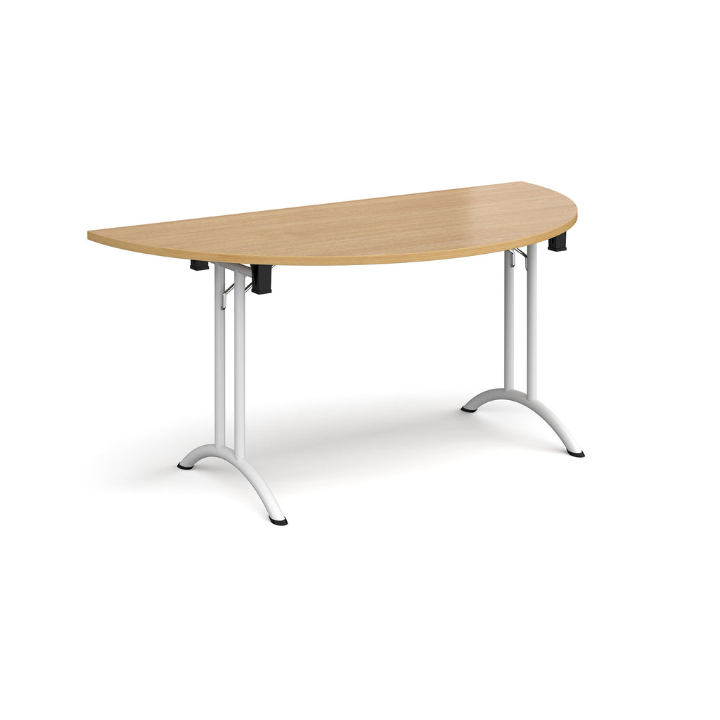 Semi-circular table with wood-effect top and white frame on a white background