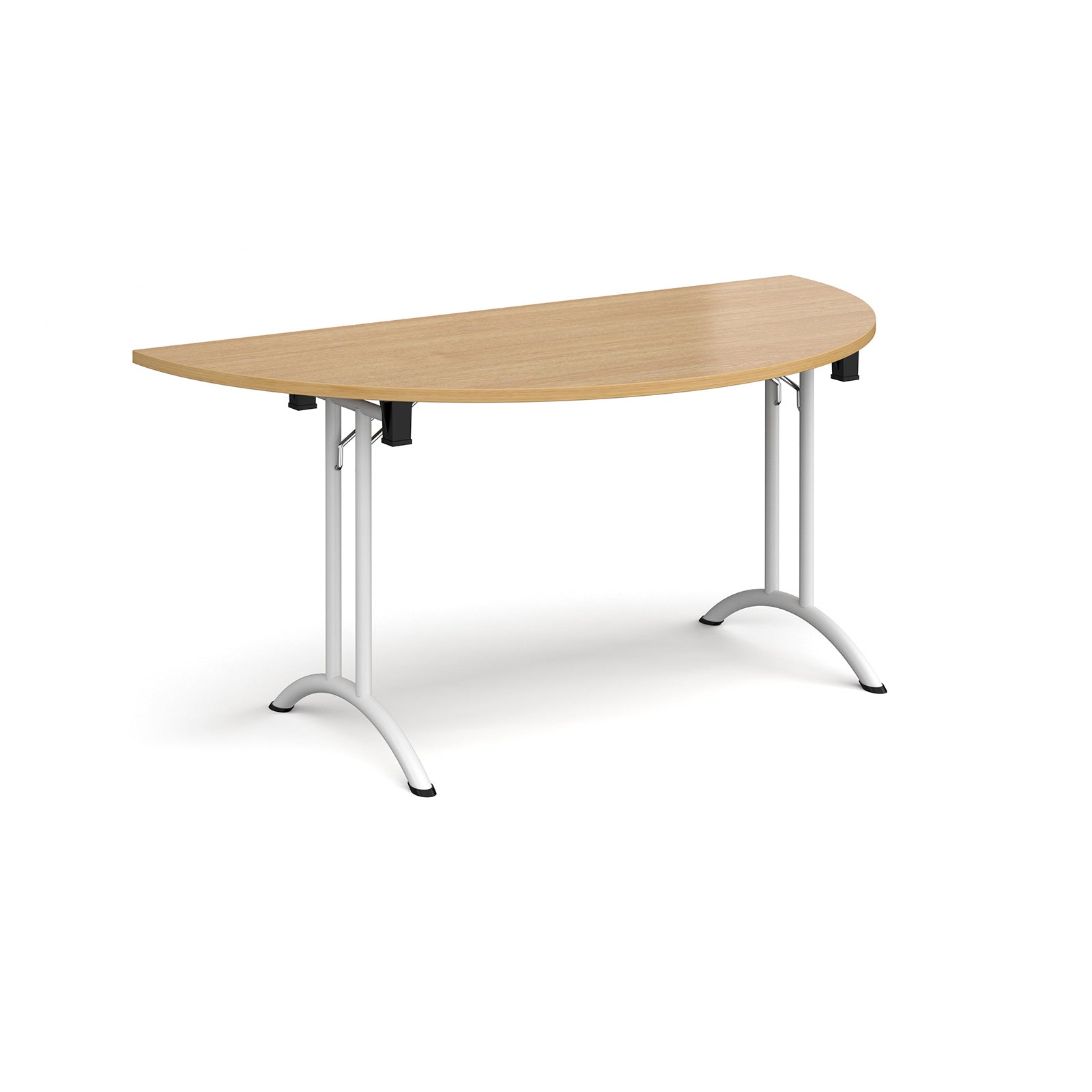 Semi-circular table with wood-effect top and white frame on a white background