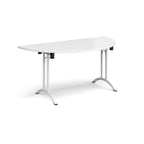 White semi-circular table with metal frame on a white background