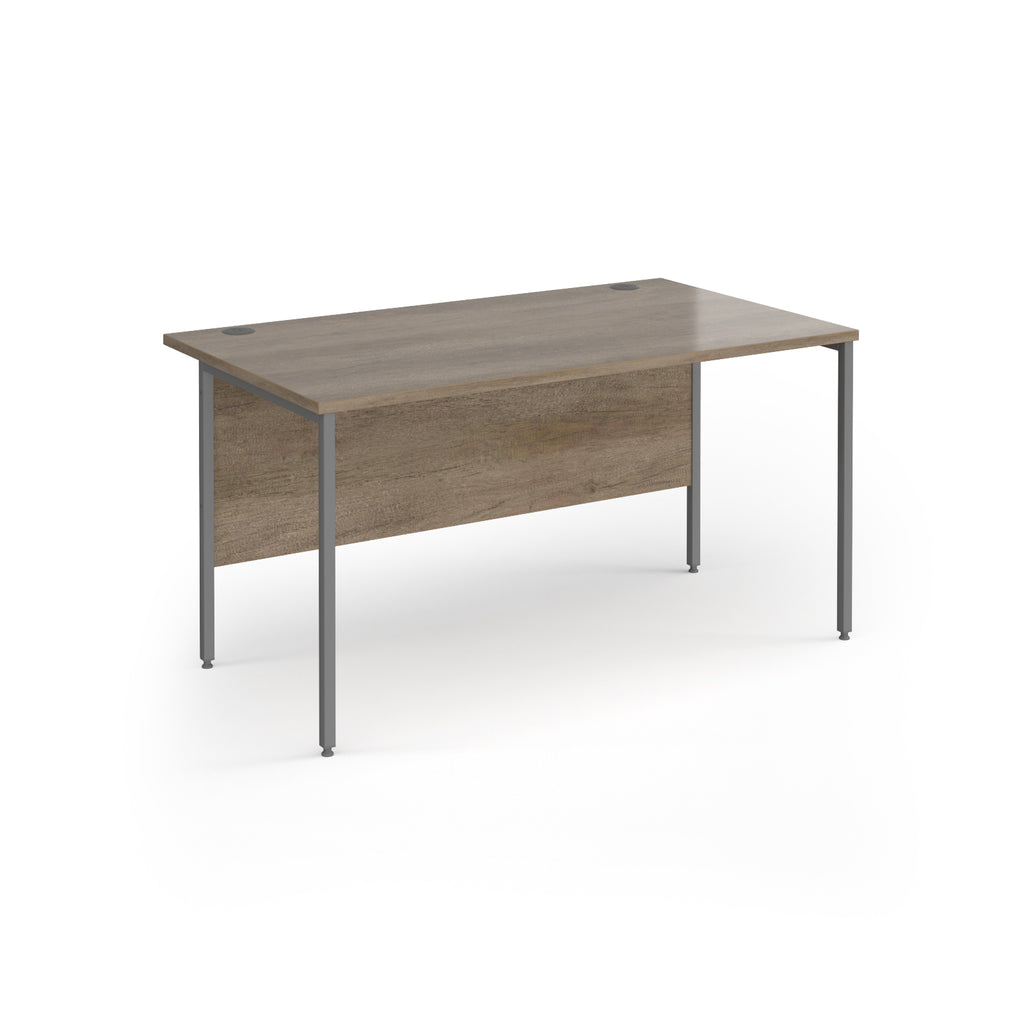 A rectangular office desk with a wood-effect top and matching modesty panel, supported by slim grey metal legs, shown on a white background.