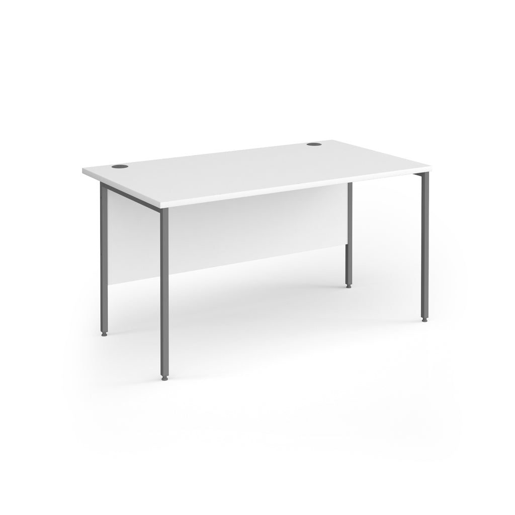 A modern office desk with a white top and matching modesty panel, supported by slim grey metal legs, shown on a white background.