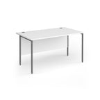 A modern office desk with a white top and matching modesty panel, supported by slim grey metal legs, shown on a white background.