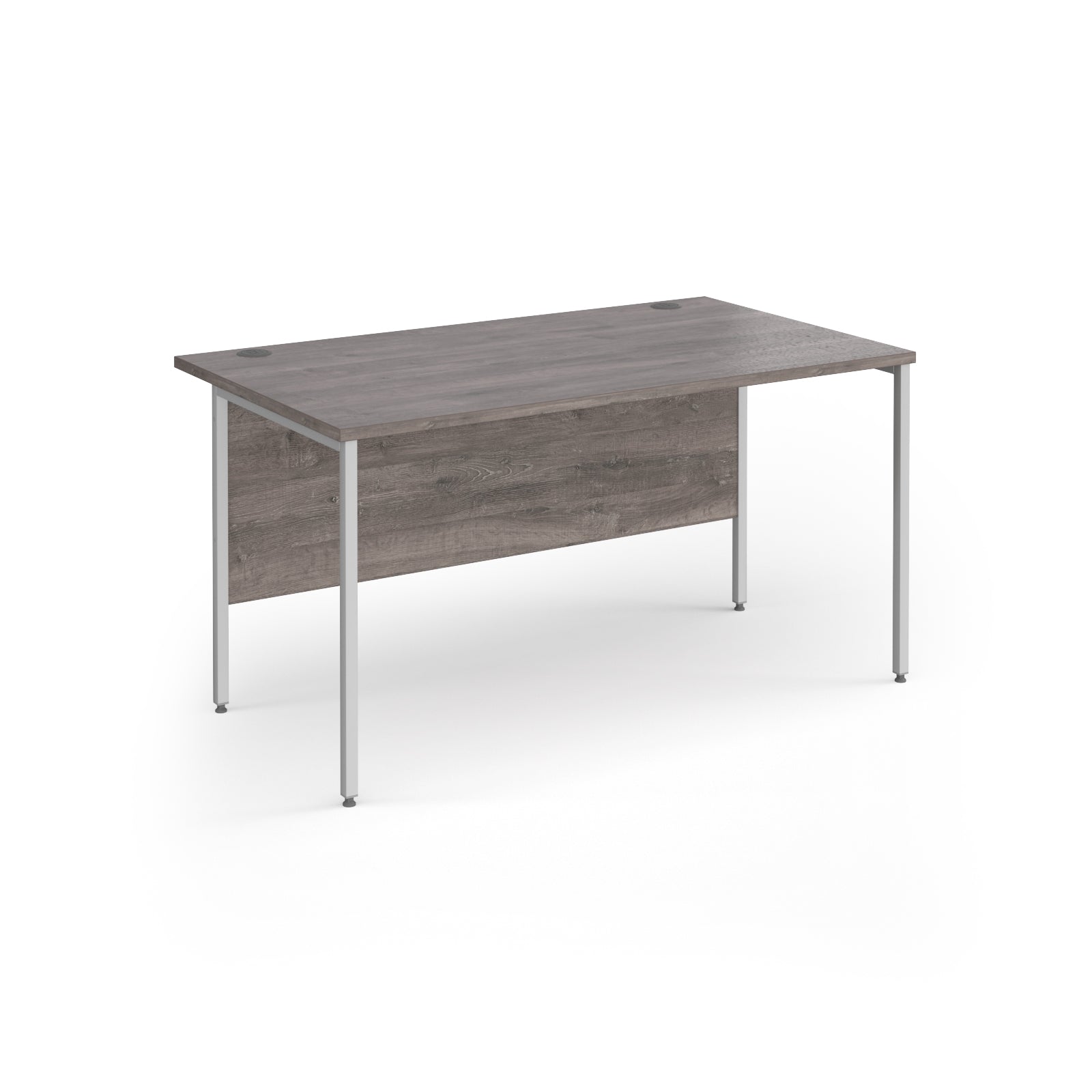 A modern office desk with a grey wood-effect top and matching modesty panel, supported by slim silver metal legs, shown on a white background.