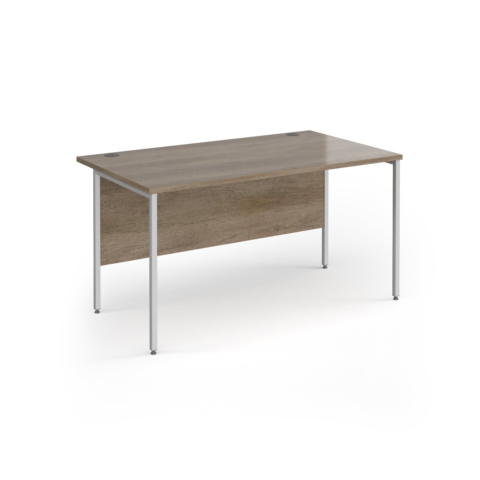 A modern office desk with a wood-effect top and matching modesty panel, supported by slim silver metal legs, shown on a white background.