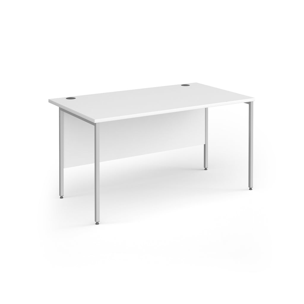 A modern office desk with a white top and matching modesty panel, supported by slim silver metal legs, shown on a white background.
