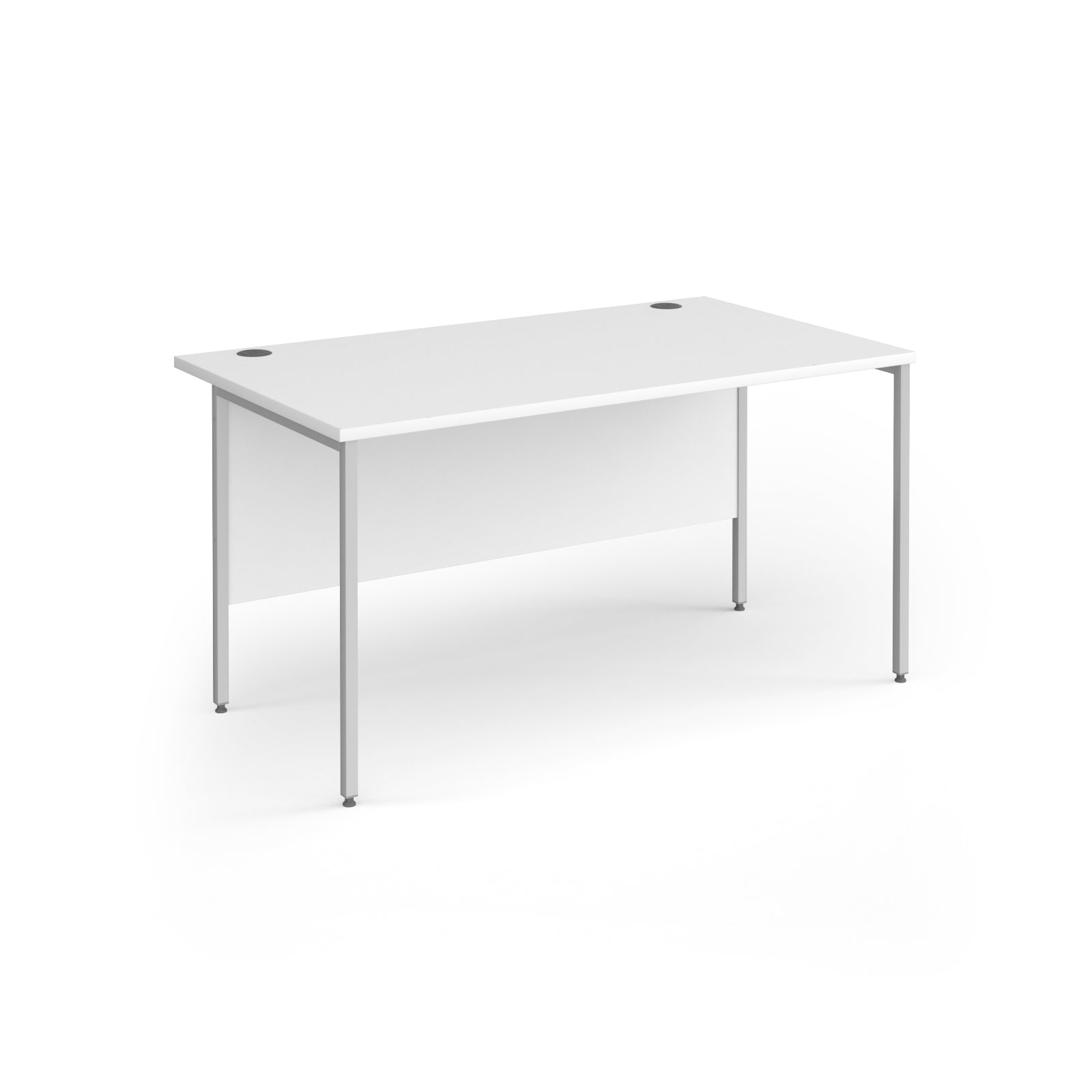 A modern office desk with a white top and matching modesty panel, supported by slim silver metal legs, shown on a white background.