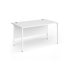 White office desk with modesty panel, supported by slim metal legs, shown on a white background.