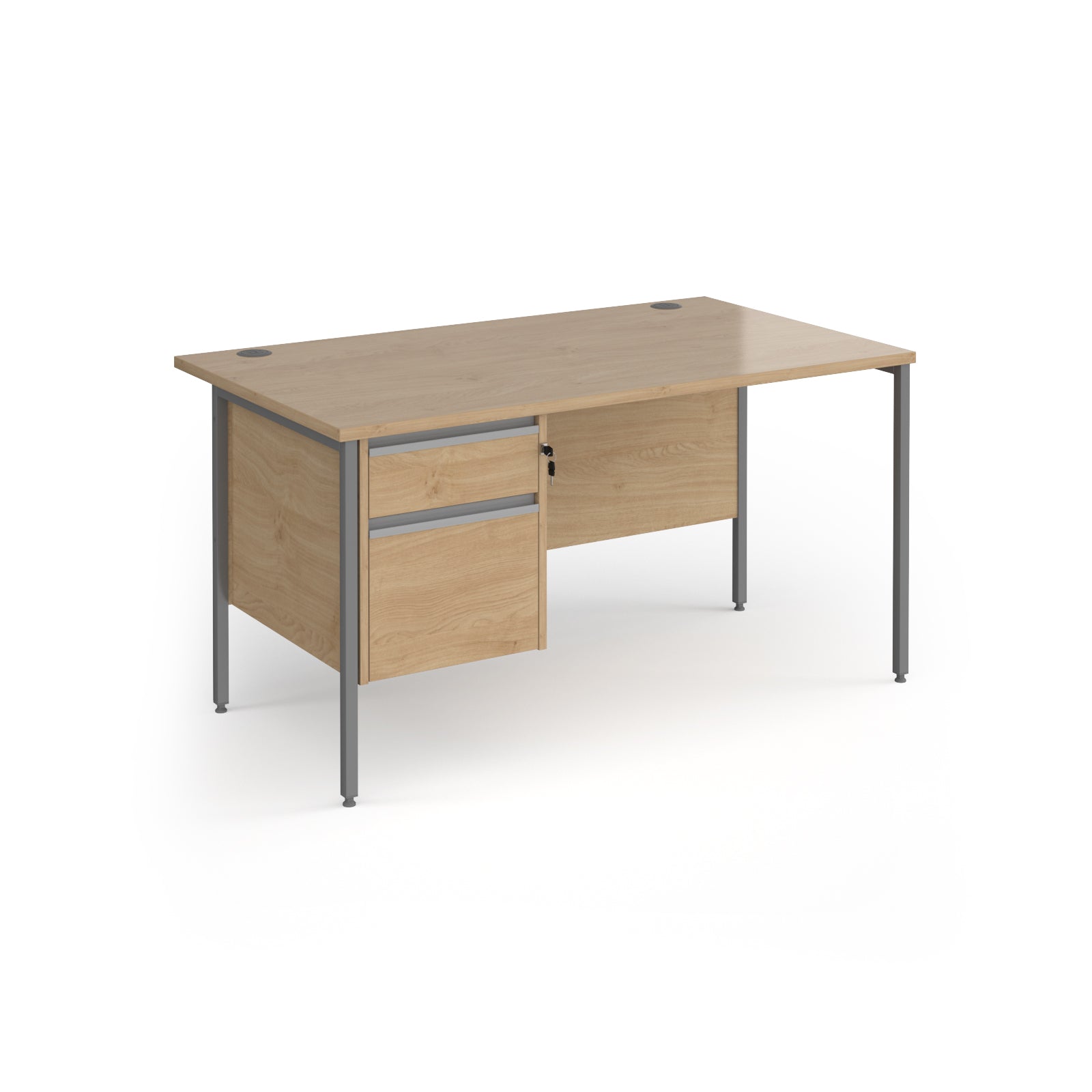 Rectangular desk with wood-effect top and matching 2-drawer pedestal with grey metal frame on a white background