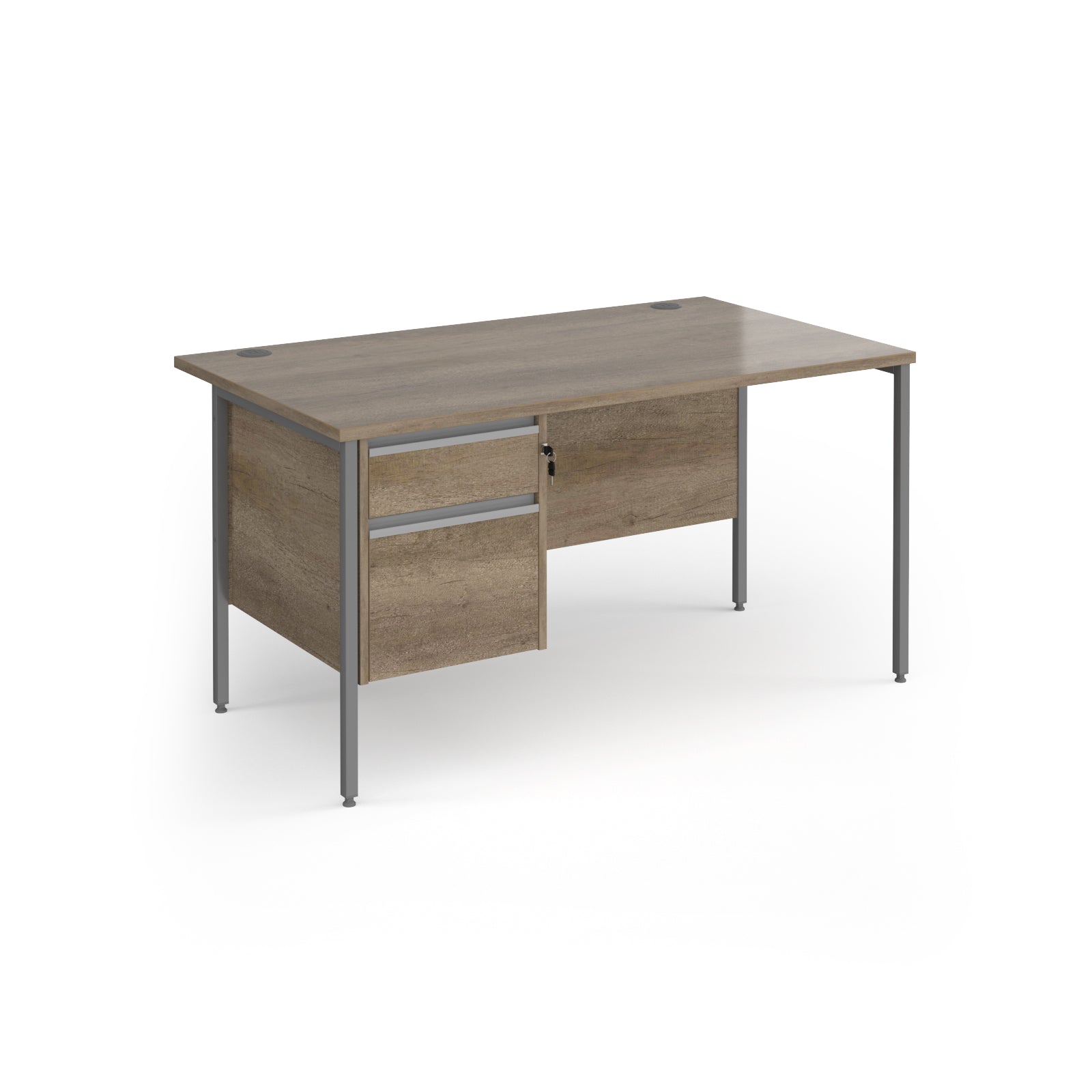 Rectangular desk with wood-effect top and matching 2-drawer pedestal with grey metal frame on a white background