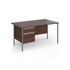 Rectangular desk with wood-effect top and matching 2-drawer pedestal with grey metal frame on a white background