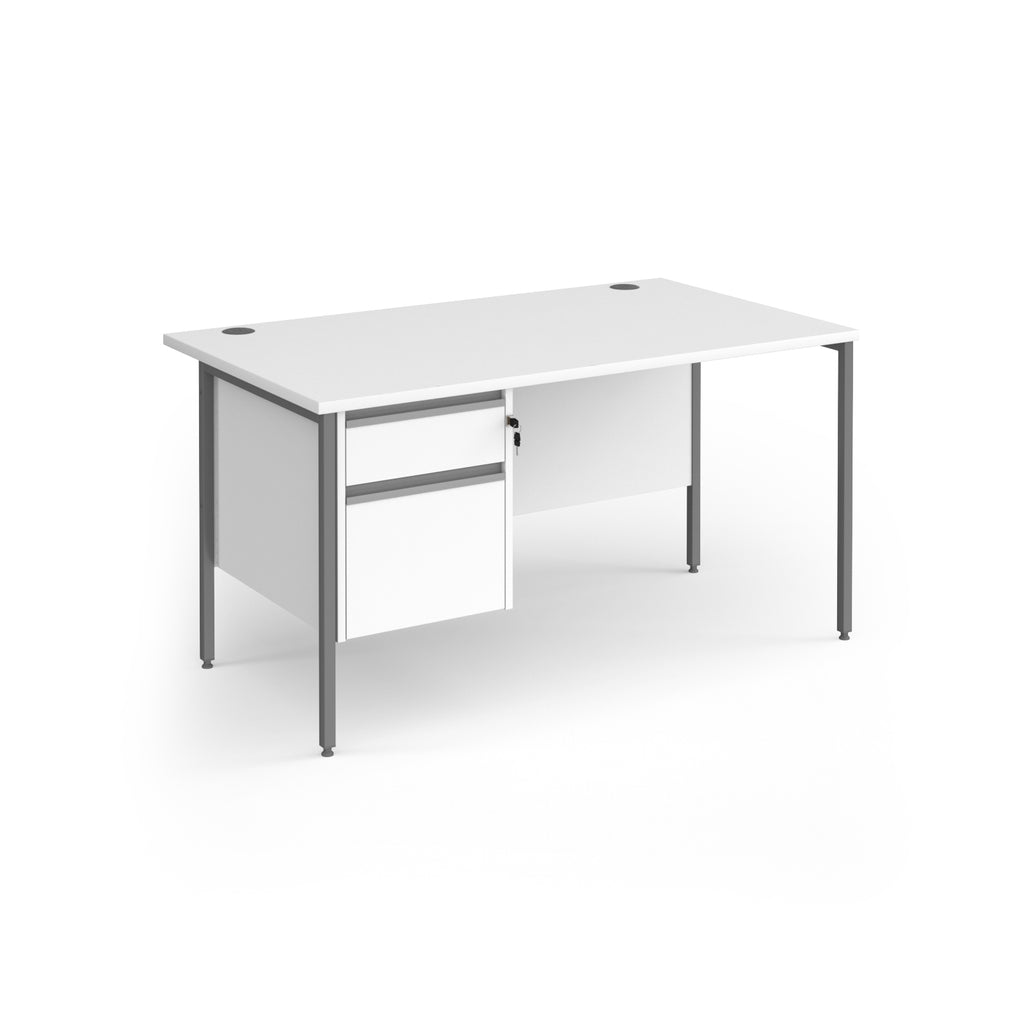 Rectangular desk with white top and matching 2-drawer pedestal with grey metal frame on a white background