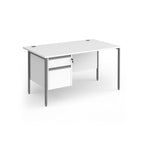 Rectangular desk with white top and matching 2-drawer pedestal with grey metal frame on a white background