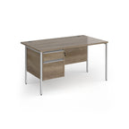 Rectangular desk with wood-effect top and matching 2-drawer pedestal with silver metal frame on a white background