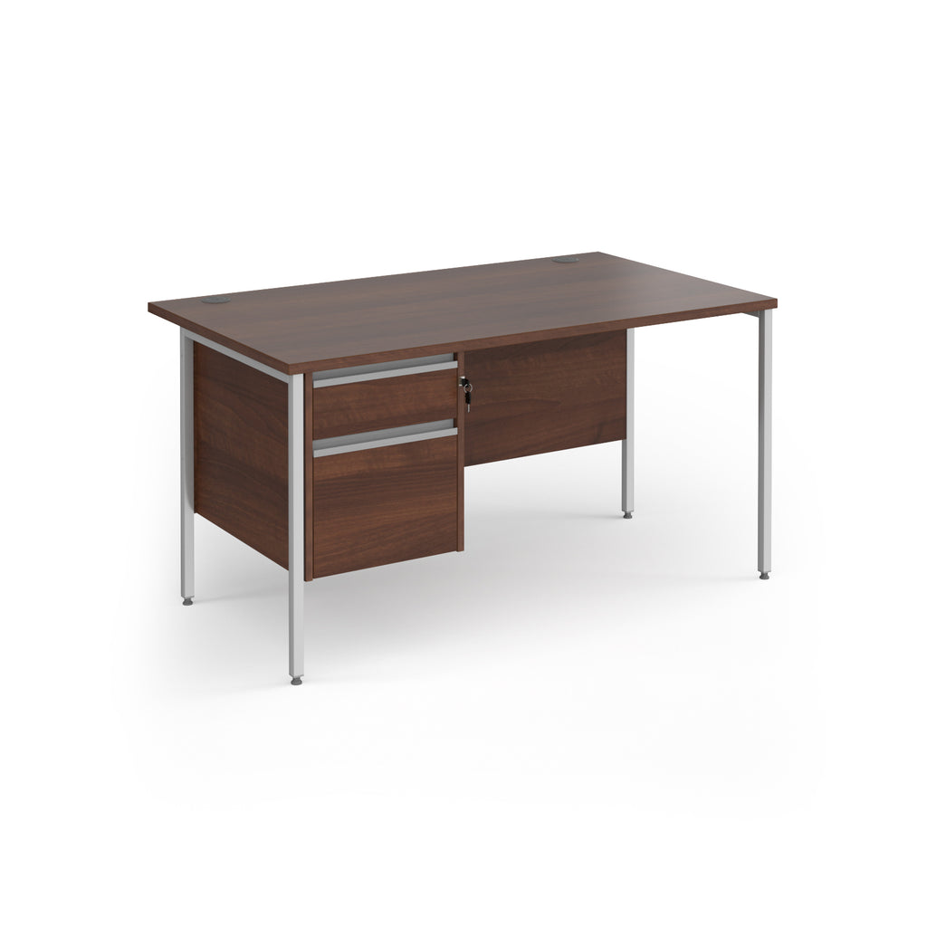 Rectangular desk with wood-effect top and matching 2-drawer pedestal with silver metal frame on a white background