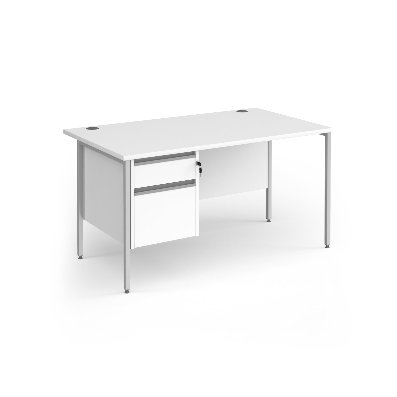 Rectangular desk with wood-effect top and matching 2-drawer pedestal with silver metal frame on a white background