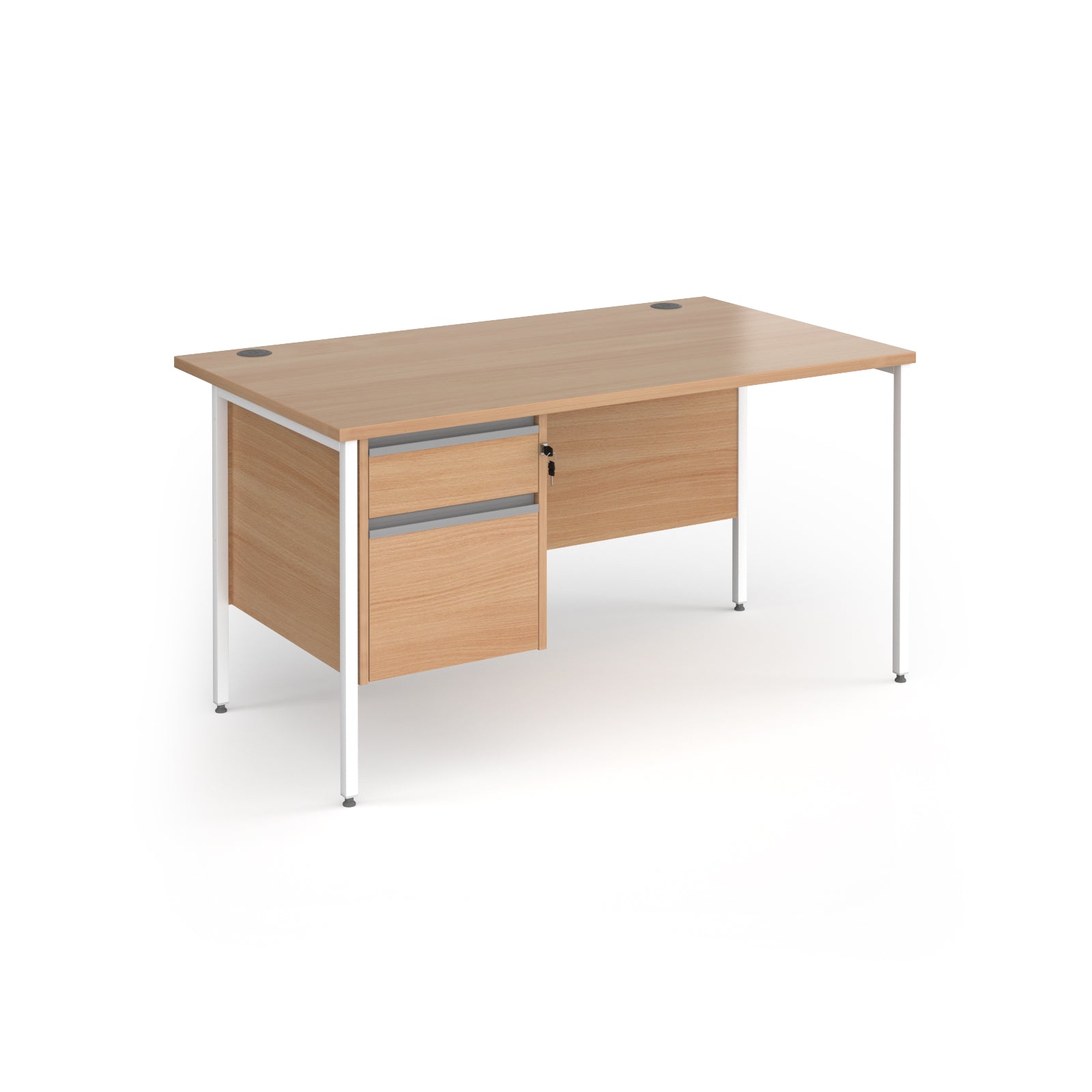 Rectangular desk with wood-effect top and matching 2-drawer pedestal with white metal frame on a white background