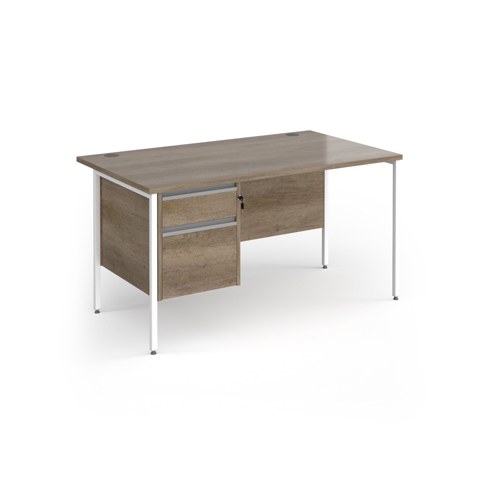 Rectangular desk with wood-effect top and matching 2-drawer pedestal with white metal frame on a white background