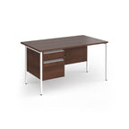 Rectangular desk with wood-effect top and matching 2-drawer pedestal with white metal frame on a white background