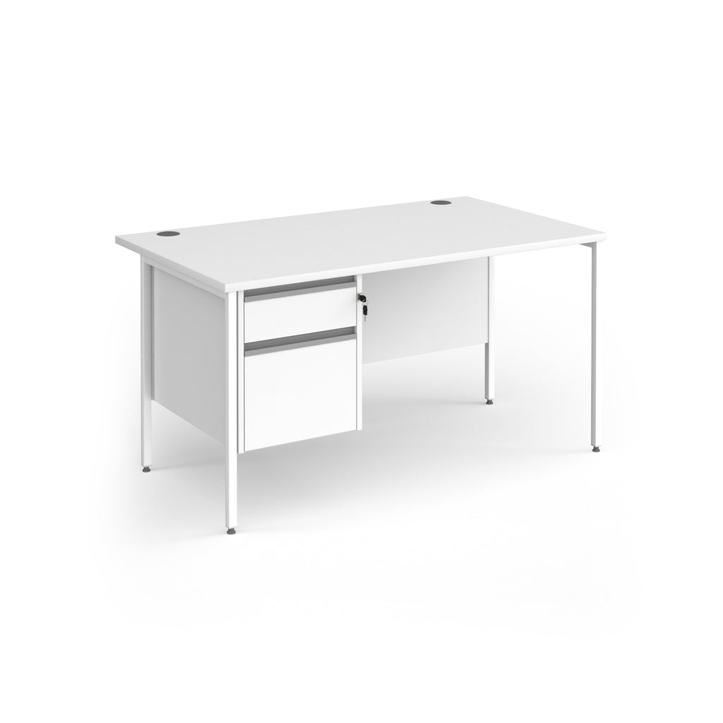 Rectangular desk with white top and matching 2-drawer pedestal with white metal frame on a white background