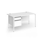 Rectangular desk with white top and matching 2-drawer pedestal with white metal frame on a white background