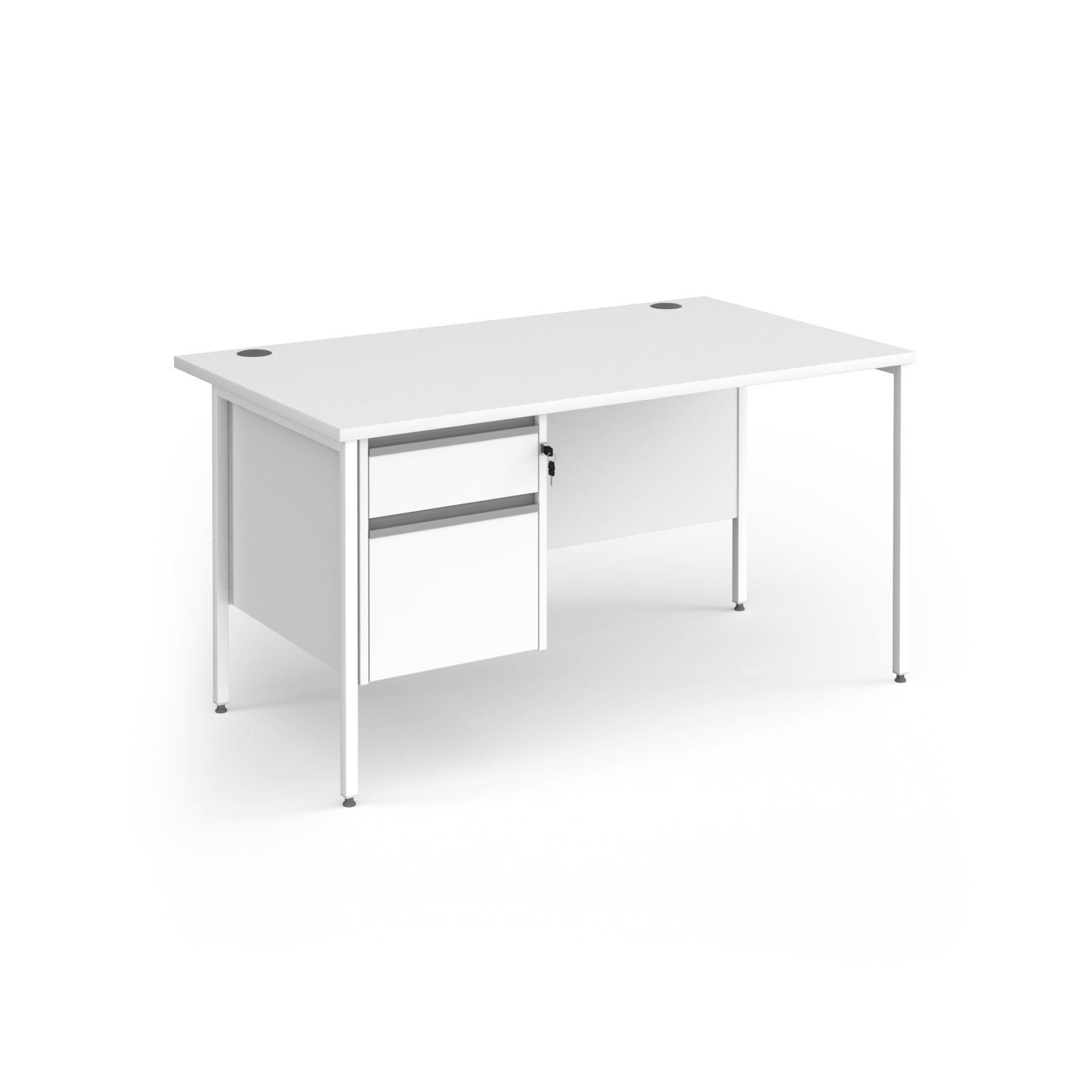 Rectangular desk with white top and matching 2-drawer pedestal with white metal frame on a white background