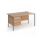 Office desk with wood-effect top and matching 3-drawer pedestal with grey metal frame on a white background