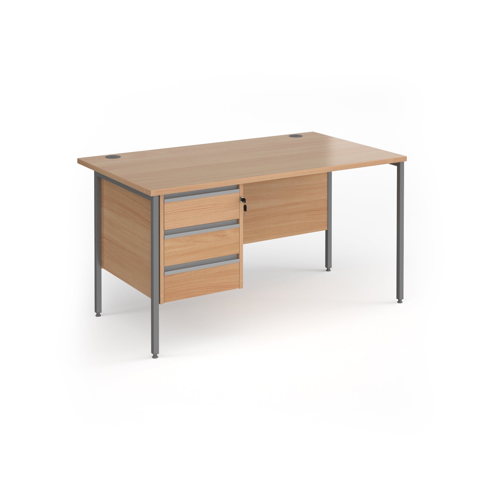 Office desk with wood-effect top and matching 3-drawer pedestal with grey metal frame on a white background