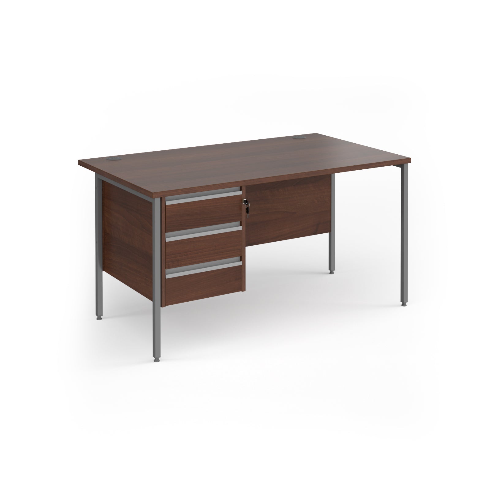 Office desk with wood-effect top and matching 3-drawer pedestal with grey metal frame on a white background