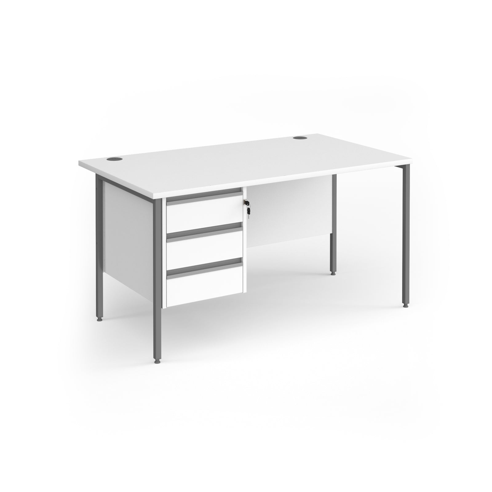 Office desk with white top and matching 3-drawer pedestal with grey metal frame on a white background