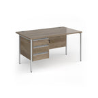 Office desk with wood-effect top and matching 3-drawer pedestal with silver metal frame on a white background