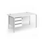 Office desk with white top and matching 3-drawer pedestal with silver metal frame on a white background