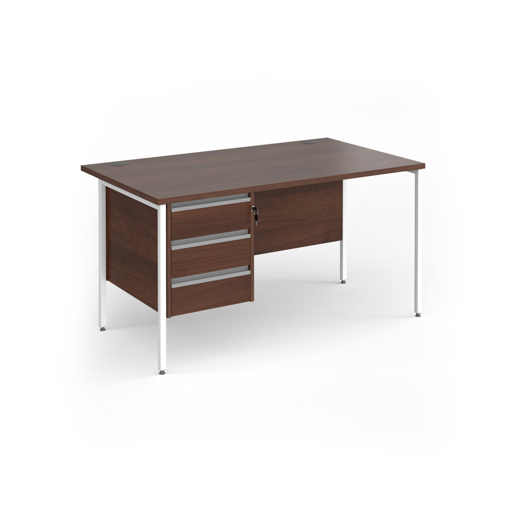 Office desk with wood-effect top and matching 3-drawer pedestal with white metal frame on a white background
