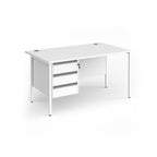 White office desk with 3-drawer pedestal and metal frame on a white background