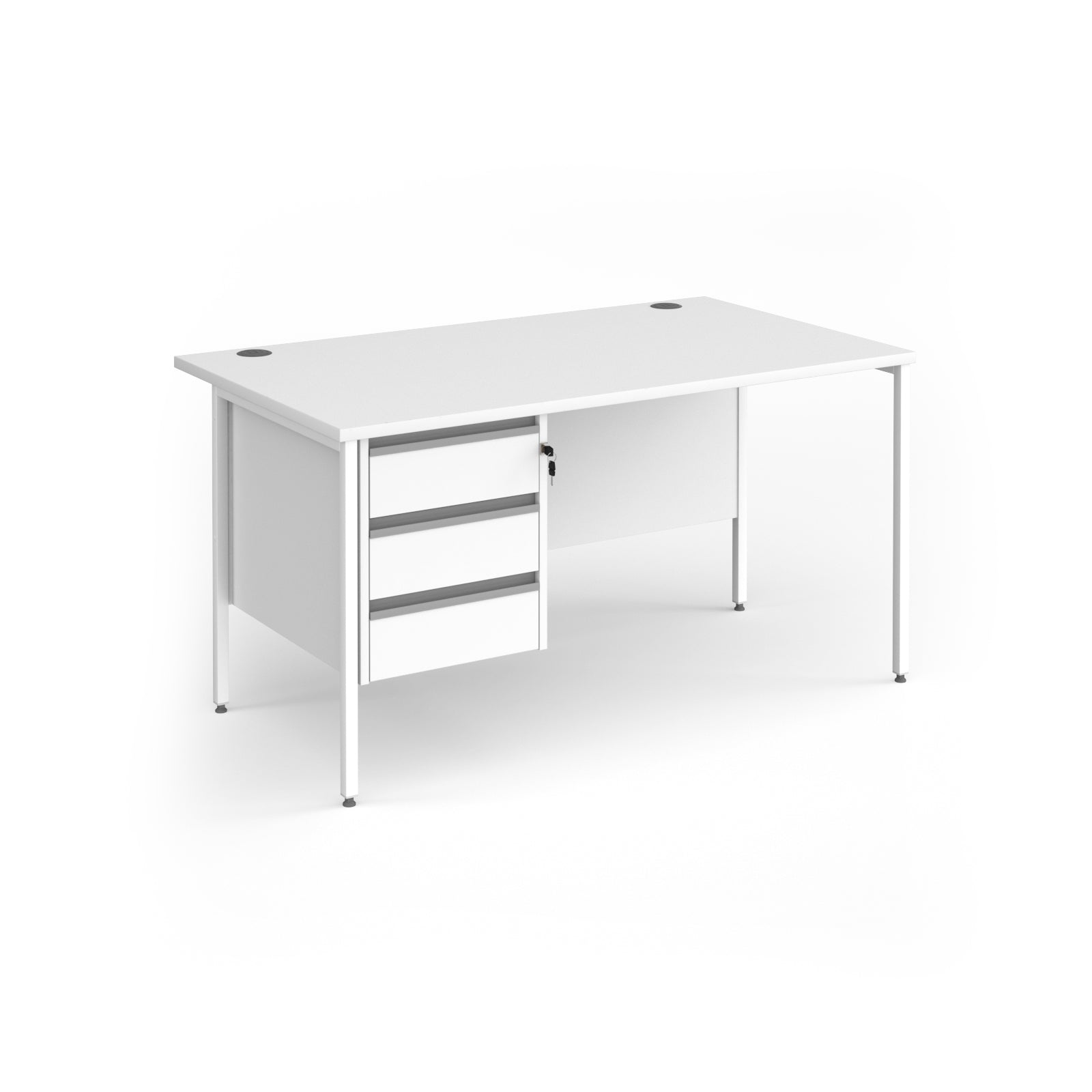White office desk with 3-drawer pedestal and metal frame on a white background