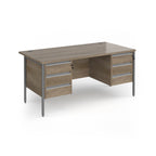 Office desk with wood-effect top and matching two 3-drawers fixed pedestals with grey frame on a white background