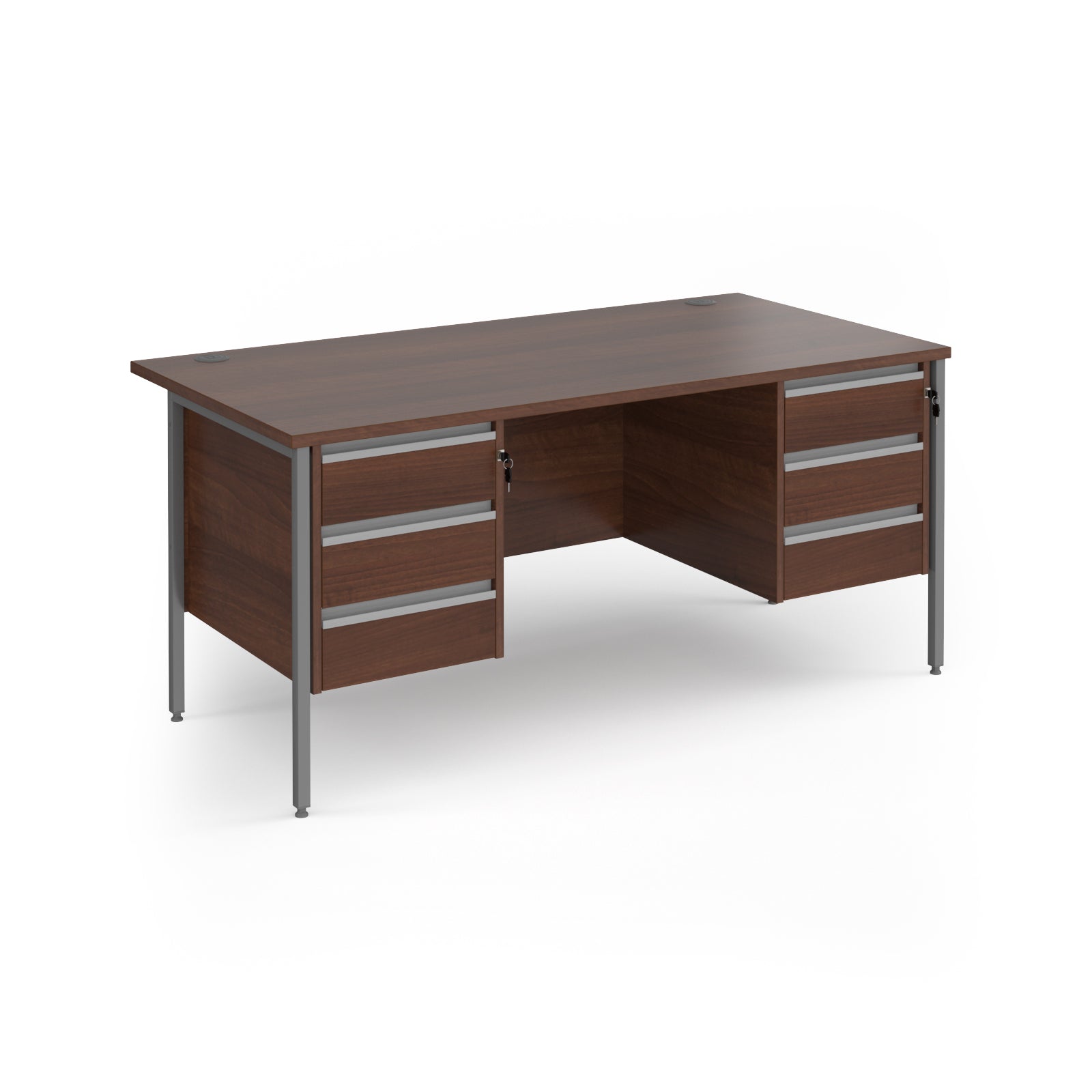 Office desk with wood-effect top and matching two 3-drawers fixed pedestals with grey frame on a white background