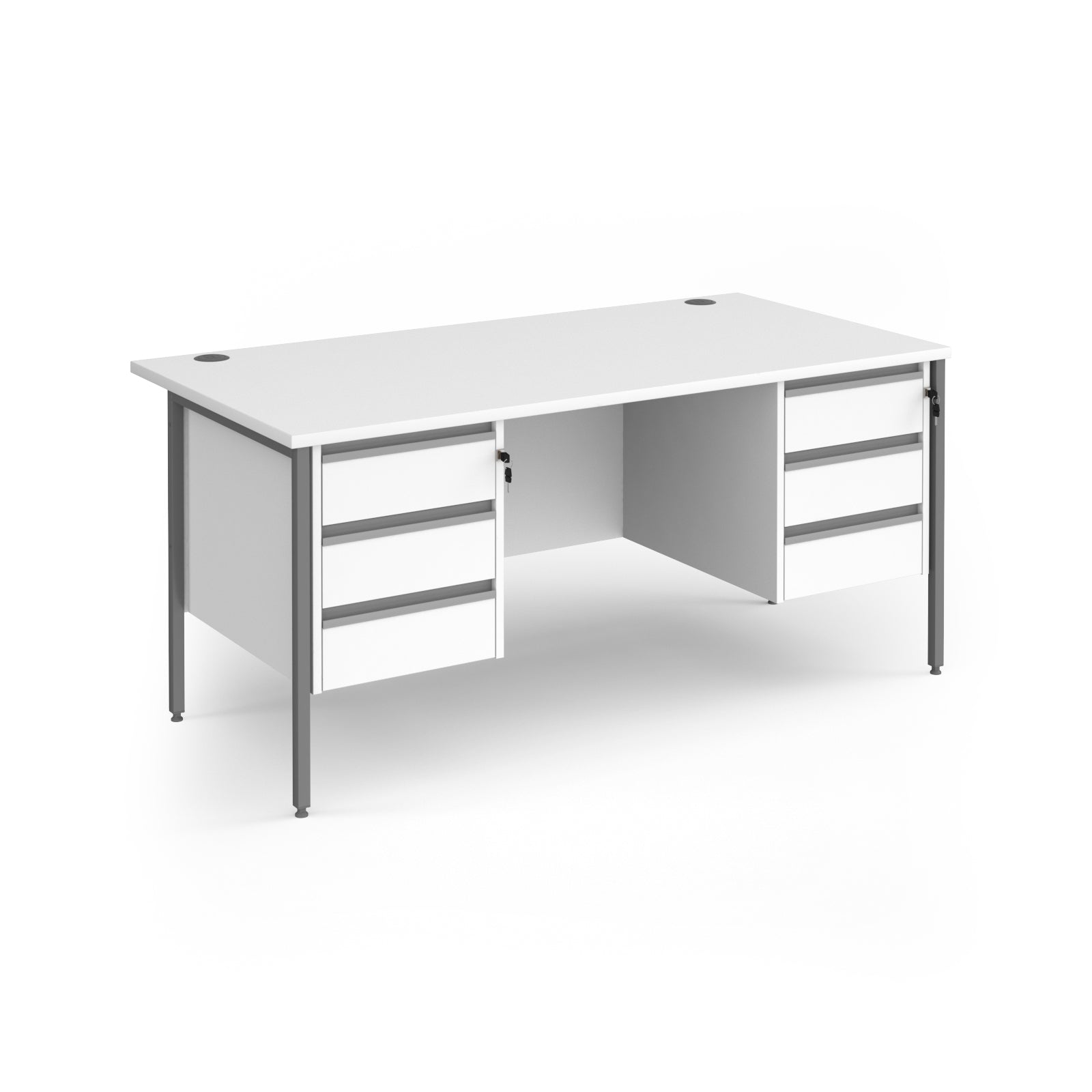 Office desk with white top and matching two 3-drawers fixed pedestals with grey frame on a white background