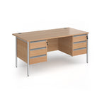 Office desk with wood-effect top and matching two 3-drawers fixed pedestals with silver frame on a white background