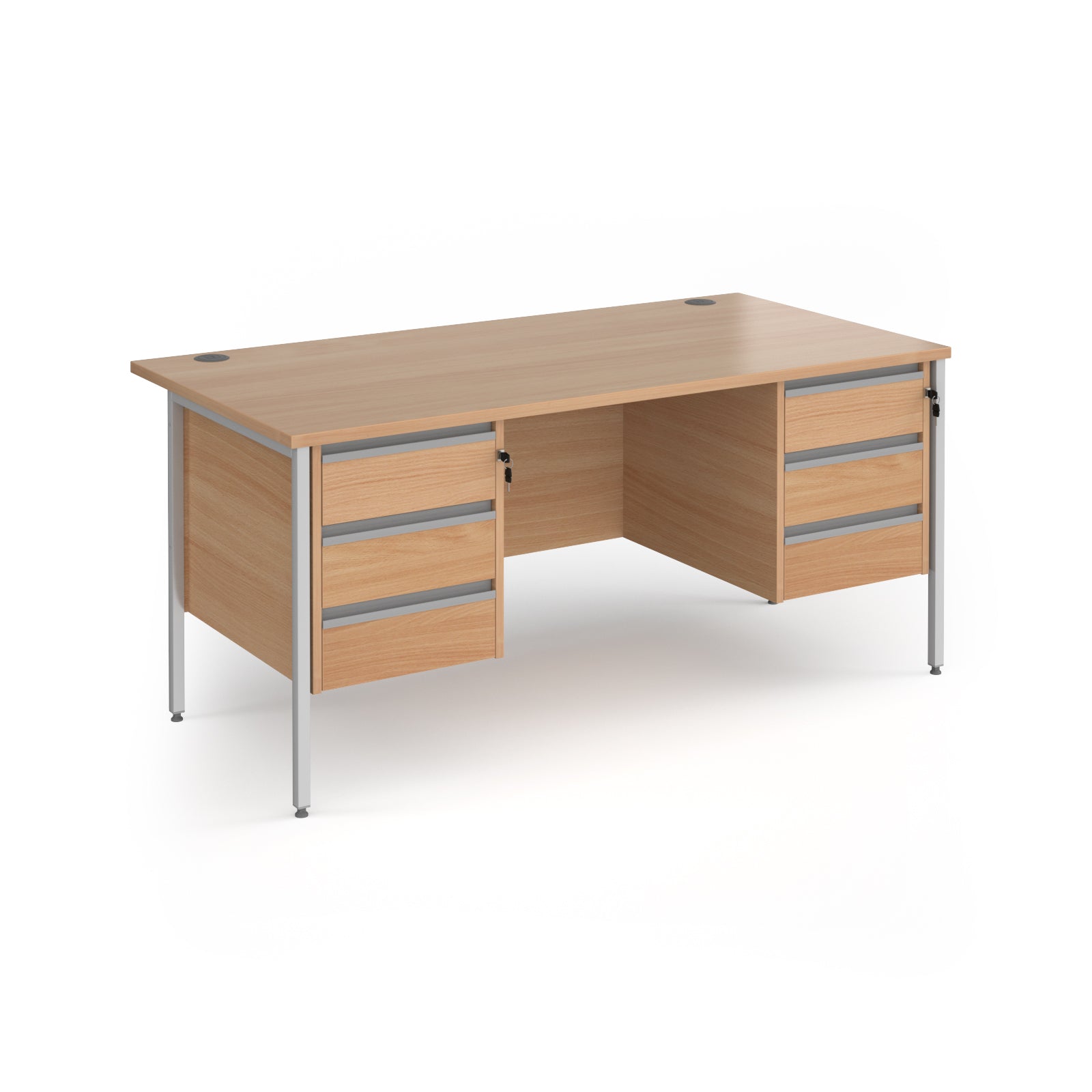 Office desk with wood-effect top and matching two 3-drawers fixed pedestals with silver frame on a white background