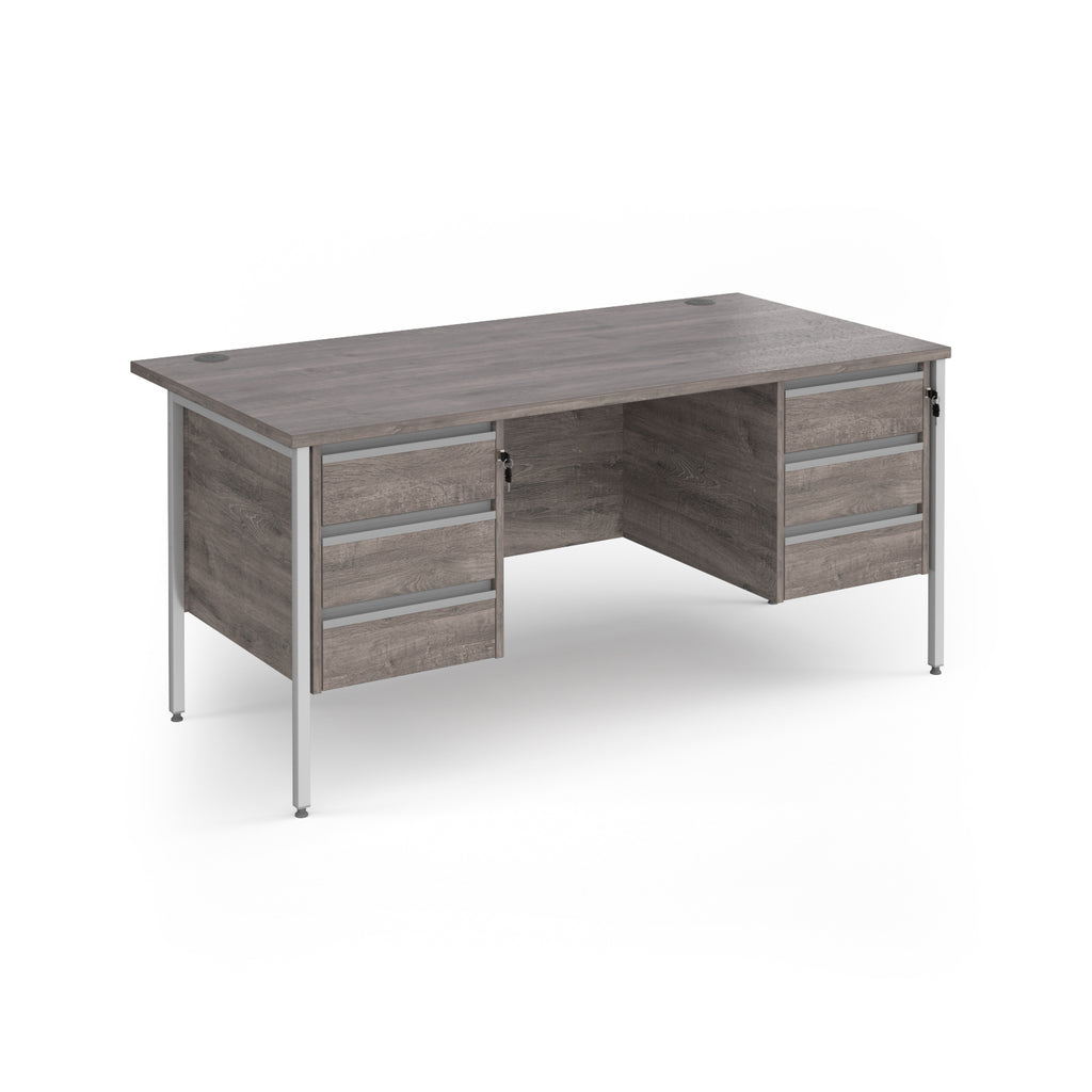 Office desk with grey wood-effect top and matching two 3-drawers fixed pedestals with silver frame on a white background