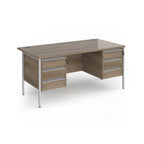 Office desk with wood-effect top and matching two 3-drawers fixed pedestals with silver frame on a white background