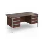 Office desk with wood-effect top and matching two 3-drawers fixed pedestals with silver frame on a white background