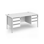 Office desk with white top and matching two 3-drawers fixed pedestals with silver frame on a white background