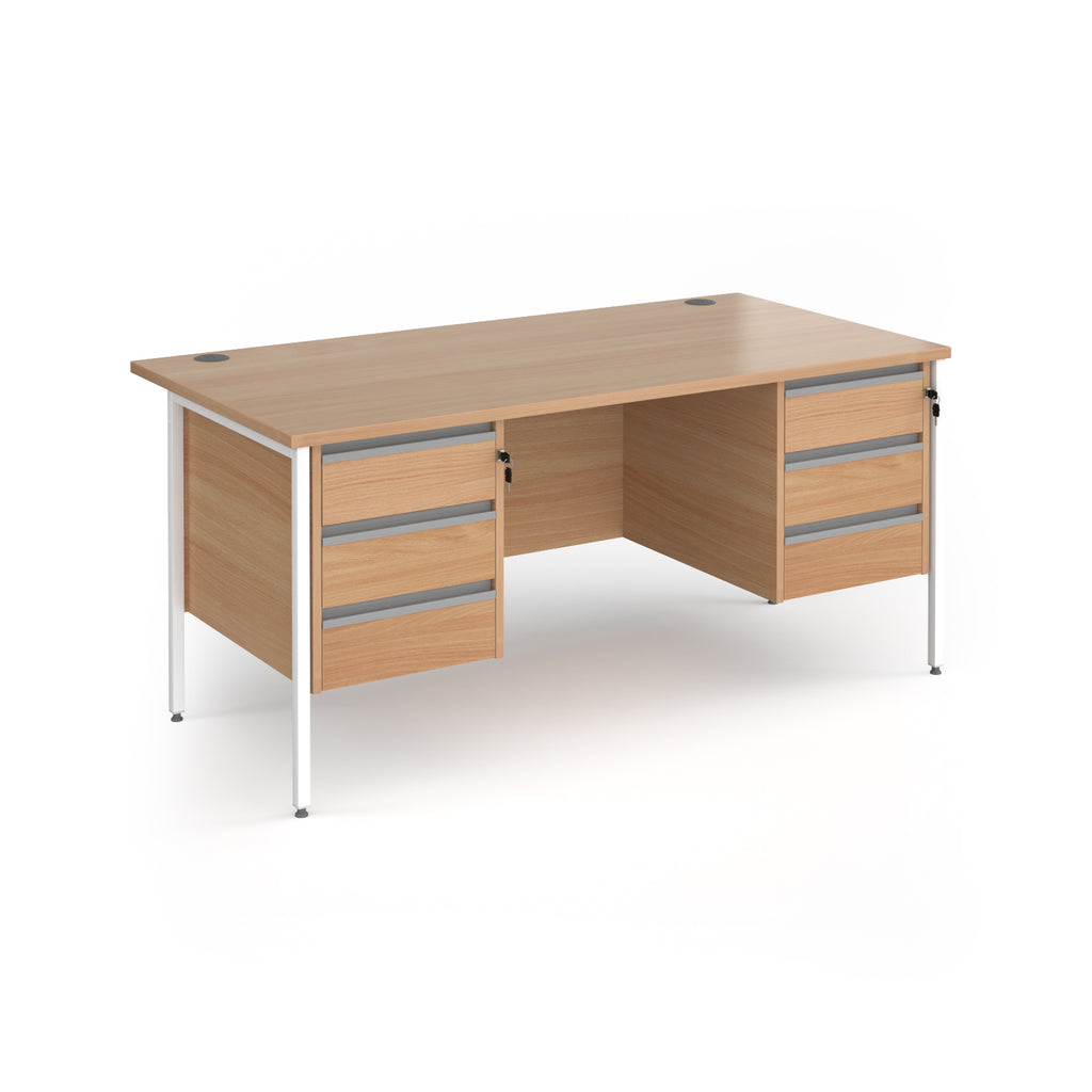 Office desk with wood-effect top and matching two 3-drawers fixed pedestals with white frame on a white background