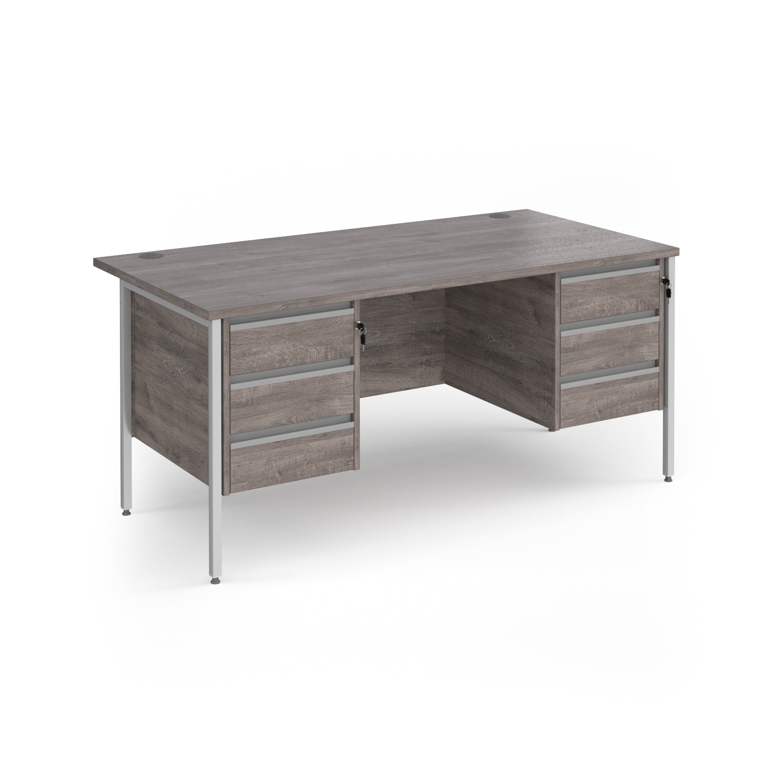 Office desk with grey wood-effect top and matching two 3-drawers fixed pedestals with white frame on a white background
