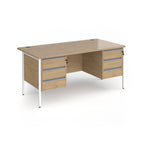 Office desk with wood-effect top and matching two 3-drawers fixed pedestals with white frame on a white background