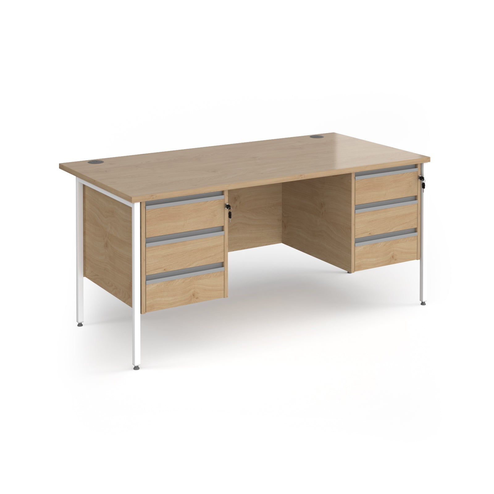 Office desk with wood-effect top and matching two 3-drawers fixed pedestals with white frame on a white background