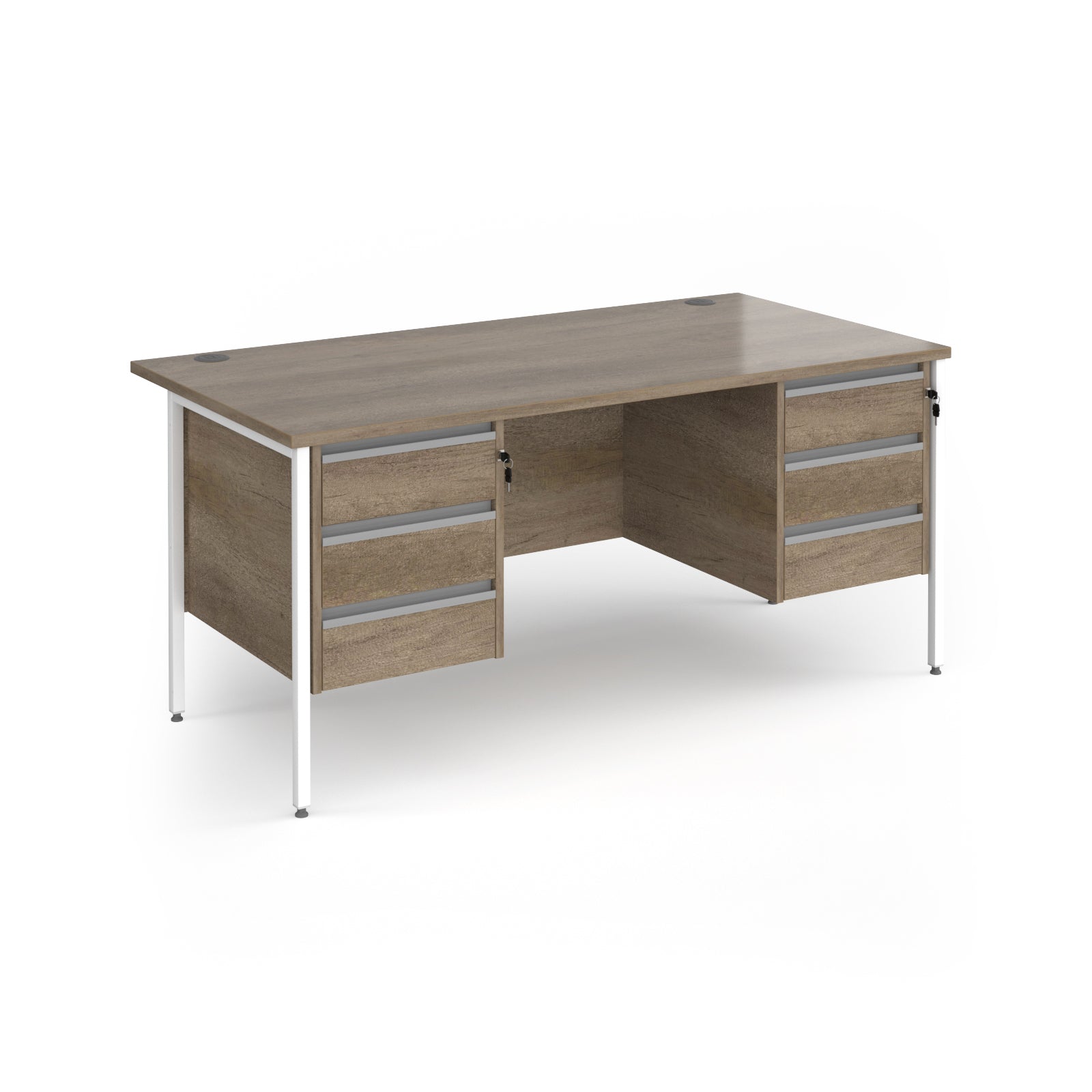 Office desk with wood-effect top and matching two 3-drawers fixed pedestals with white frame on a white background