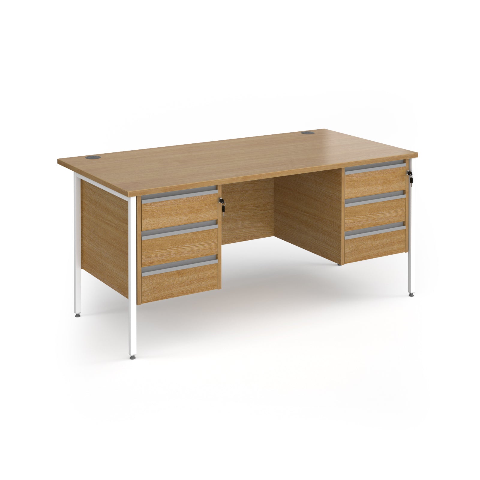 Office desk with wood-effect top and matching two 3-drawers fixed pedestals with white frame on a white background